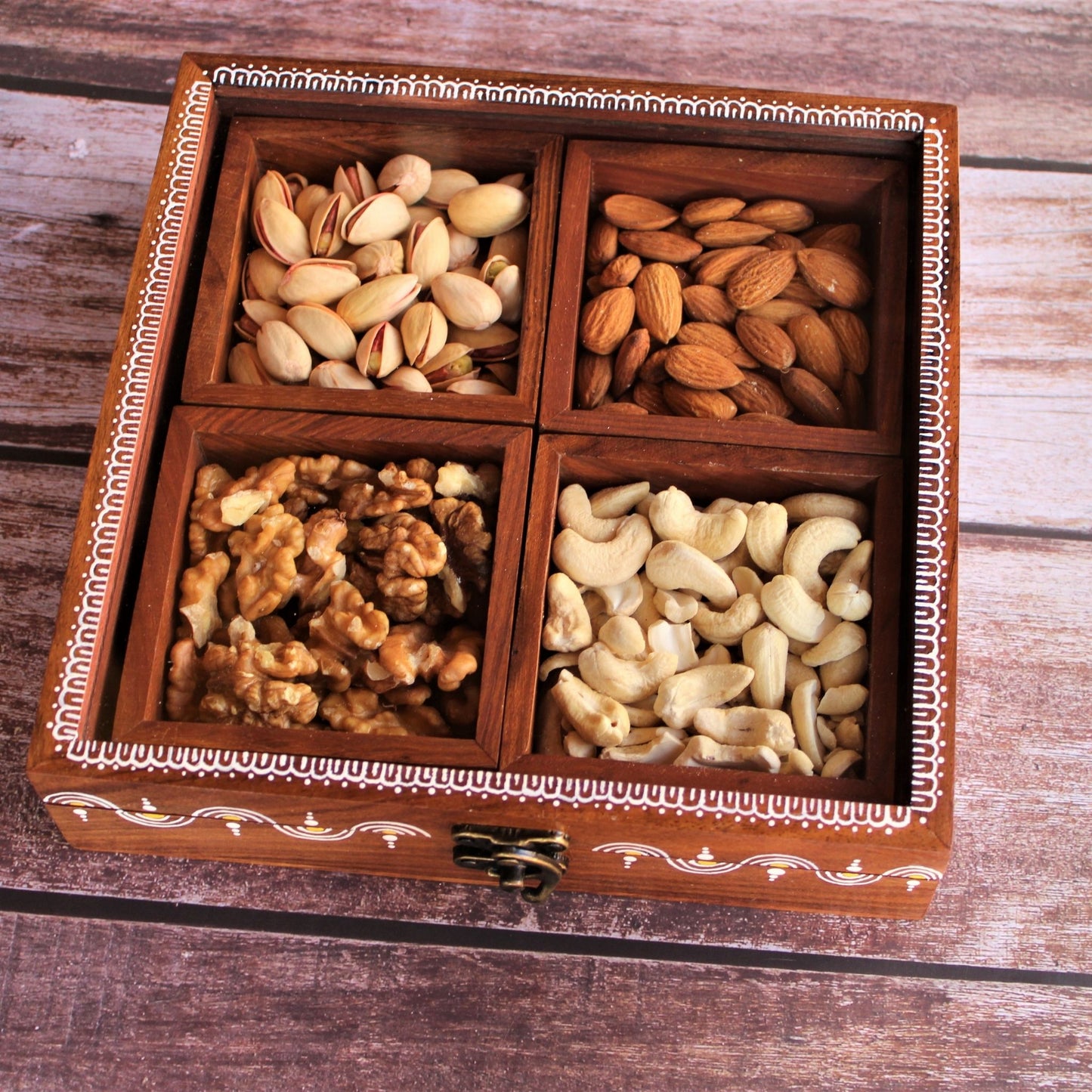 Sheesham Wood Indian Rosewood Dry Fruit Storage box with Four Removable Partitions and Free Wooden Spoon and Glass Top