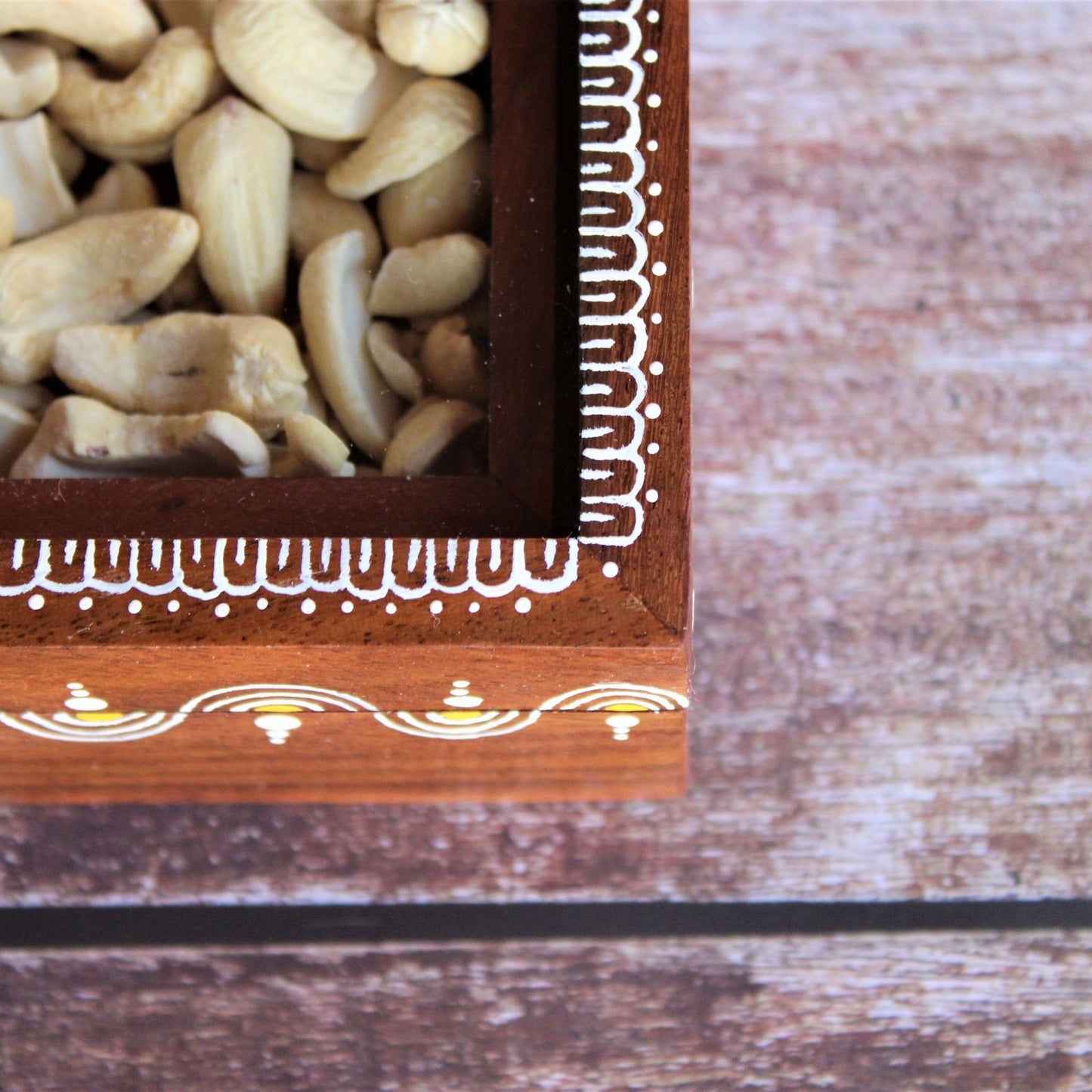 Sheesham Wood Indian Rosewood Dry Fruit Storage box with Four Removable Partitions and Free Wooden Spoon and Glass Top