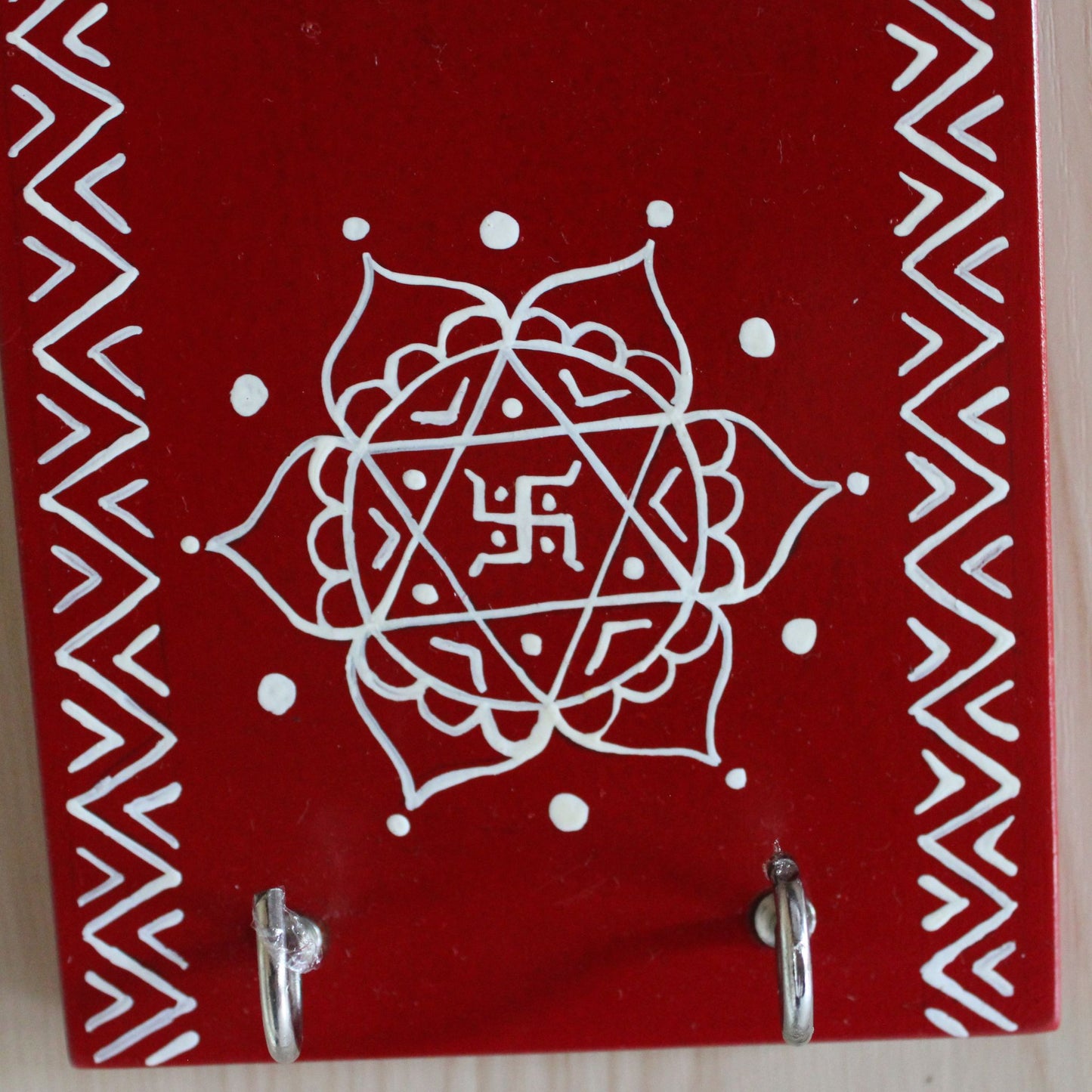 Aipan Inspired Hand Painted & Handcrafted Wooden Wall Mounted Keyring Holder