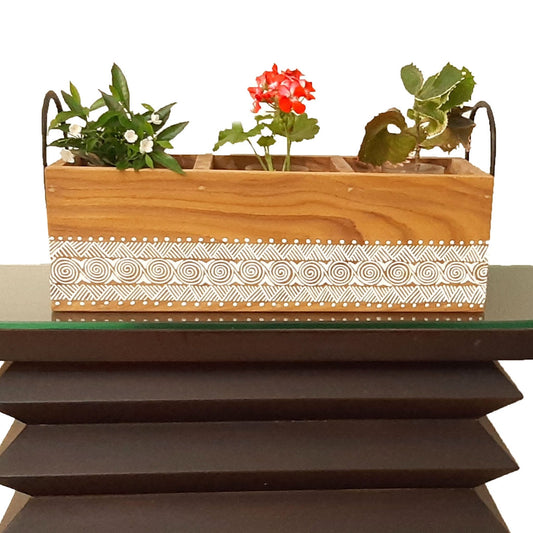 Uttarakhandi Aipan Inspired Hand Painted Sal Wood Planter. Store upto 3 plants in a single planter. Can be used indoors and outdoors.