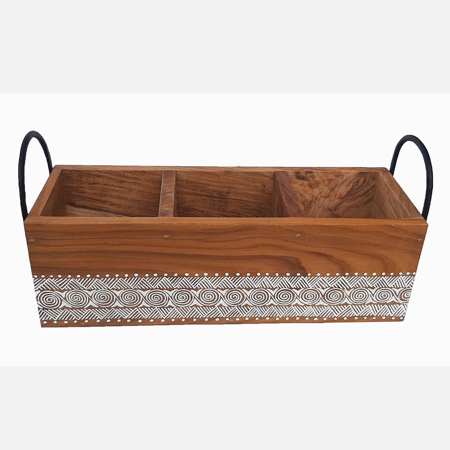 Uttarakhandi Aipan Inspired Hand Painted Sal Wood Planter. Store upto 3 plants in a single planter. Can be used indoors and outdoors. White Colour done on brown base.
