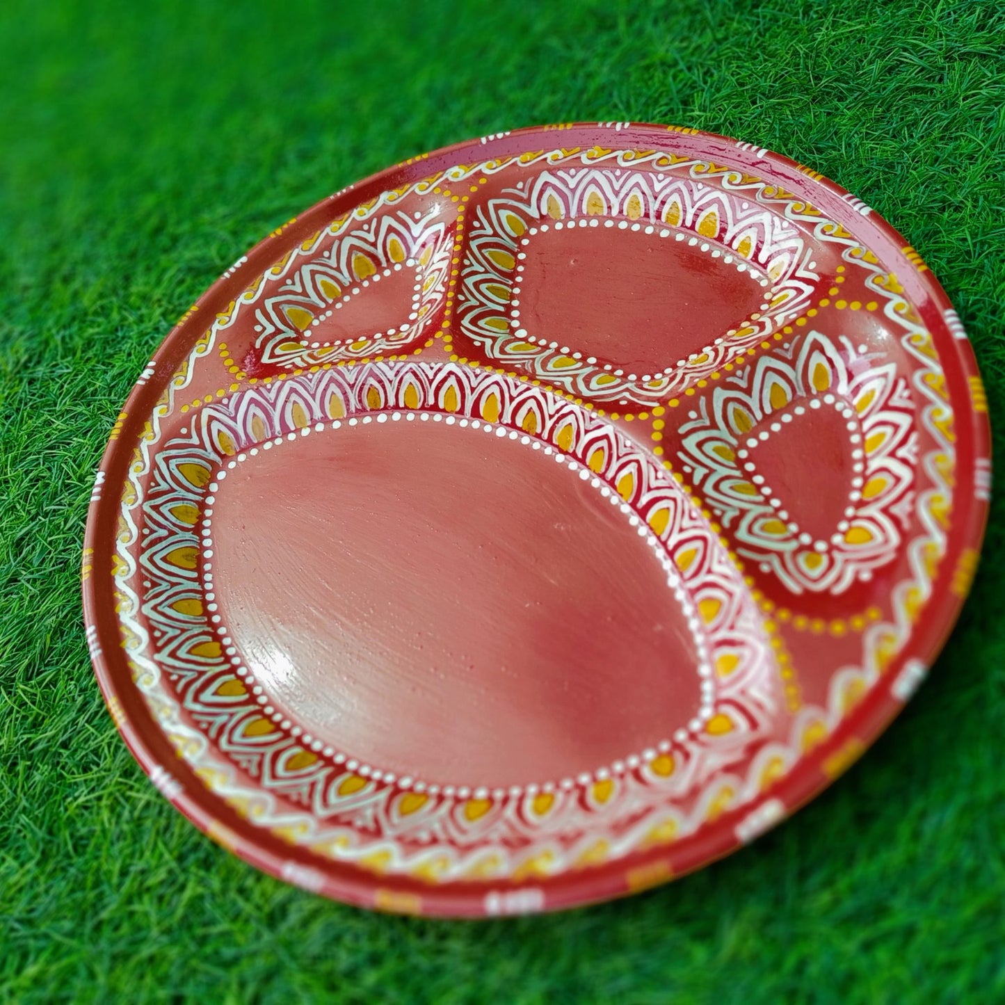 Hand Painted Puja Thalis for all occasions. Whether its Diwali, Bhaiya Dooj, Karwa Chauth, these hand painted aipan inspired puja thalis would be the perfect addition to your decor. Has different partitions each for diya/ lamp, tika / roli, chawal / rice.