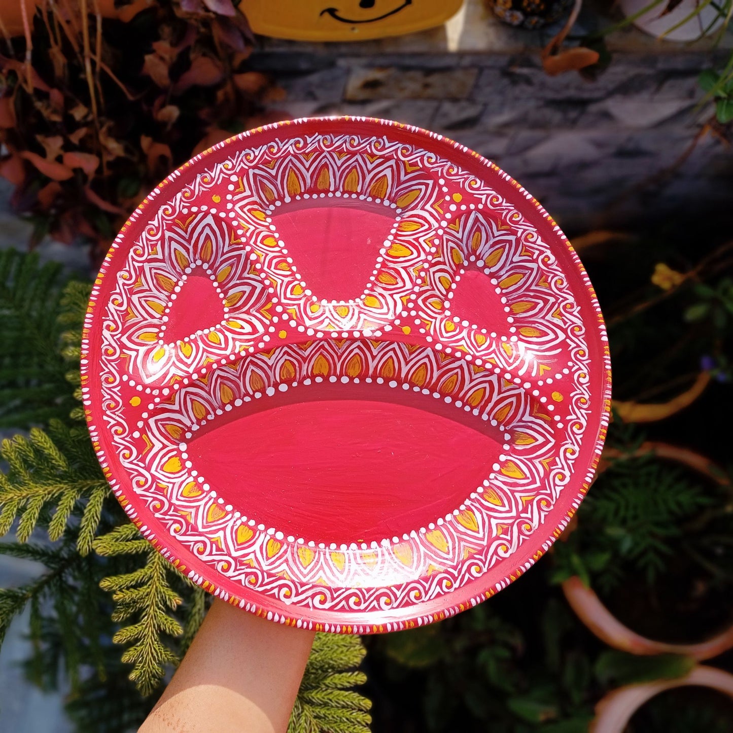Hand Painted Puja Thalis for all occasions. Whether its Diwali, Bhaiya Dooj, Karwa Chauth, these hand painted aipan inspired puja thalis would be the perfect addition to your decor. Has different partitions each for diya/ lamp, tika / roli, chawal / rice.
