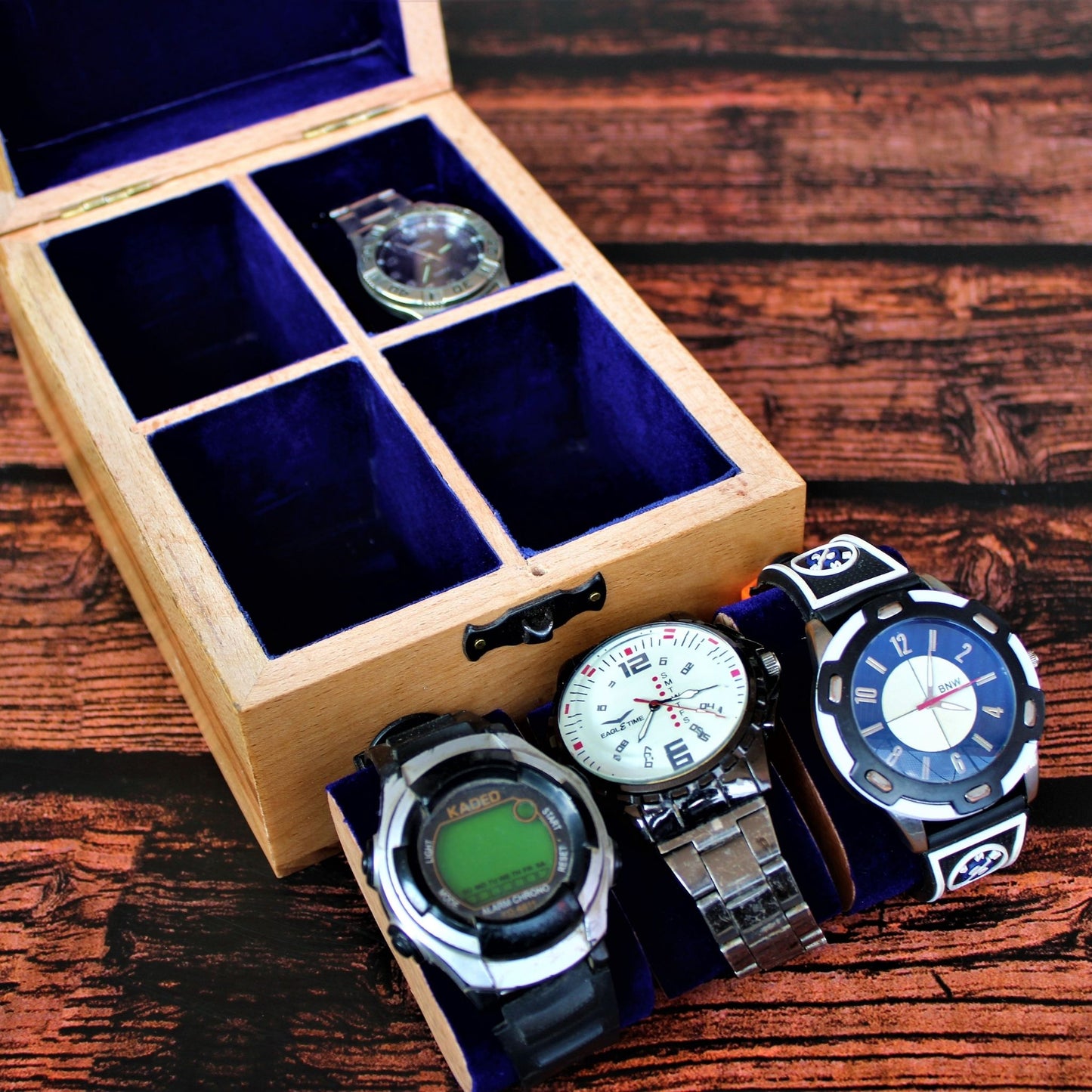 Laser Engraved Beech Wood Watch Storage box for four watches.