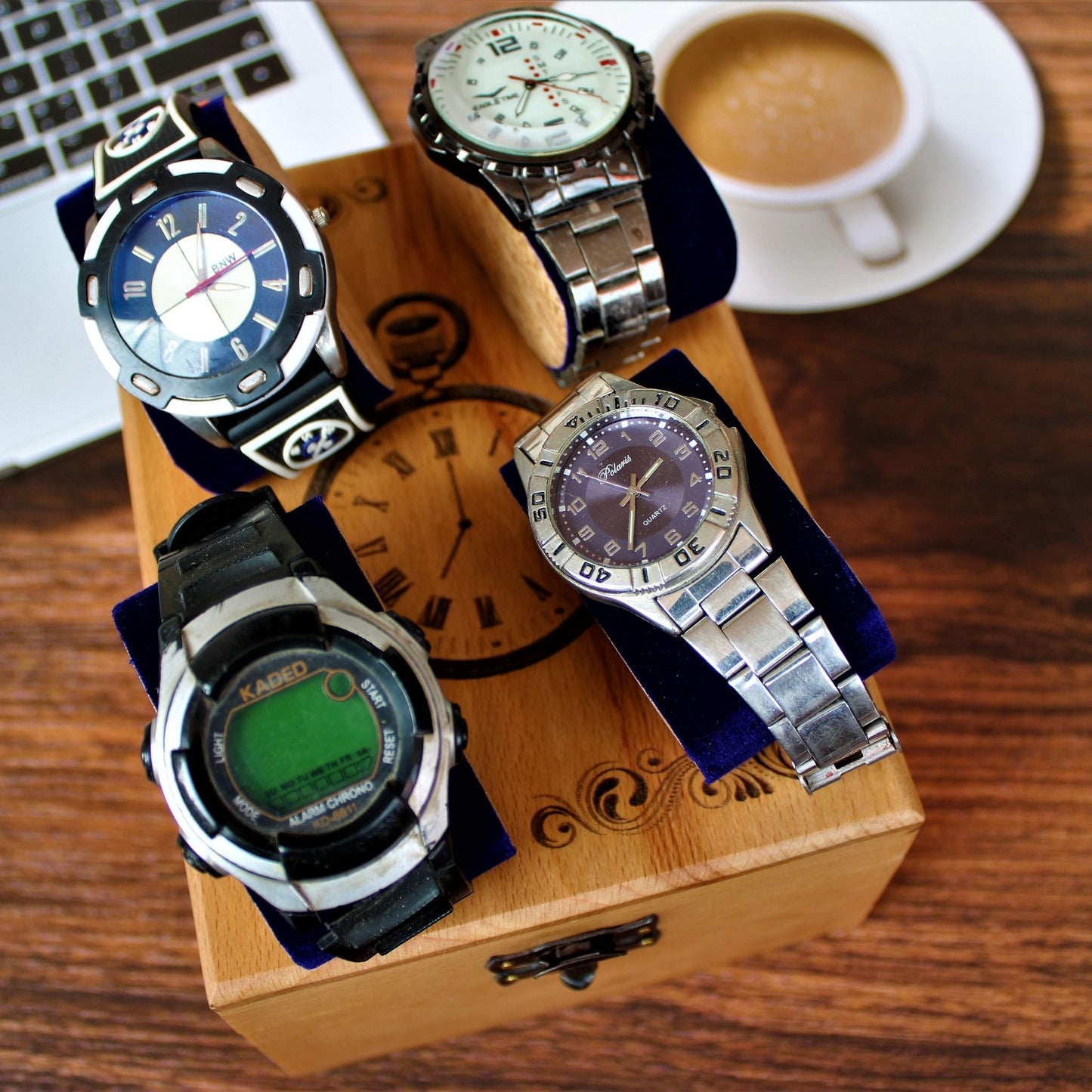 Laser Engraved Beech Wood Watch Storage box for four watches.