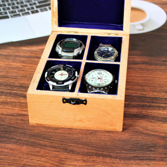 Laser Engraved Beech Wood Watch Storage box for four watches.