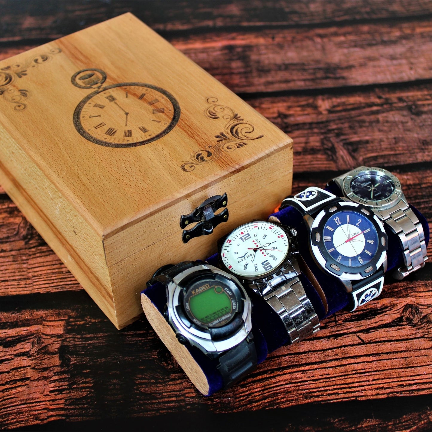 Laser Engraved Beech Wood Watch Storage box for four watches.