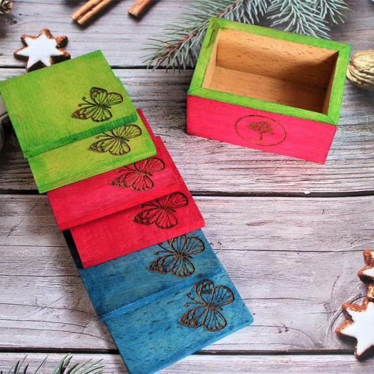 Handcrafted Wooden Laser Engraved Butterfly Design Coaster Set Multicoloured