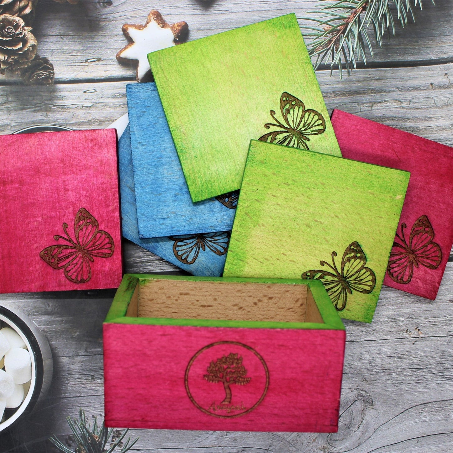 Handcrafted Wooden Laser Engraved Butterfly Design Coaster Set Multicoloured
