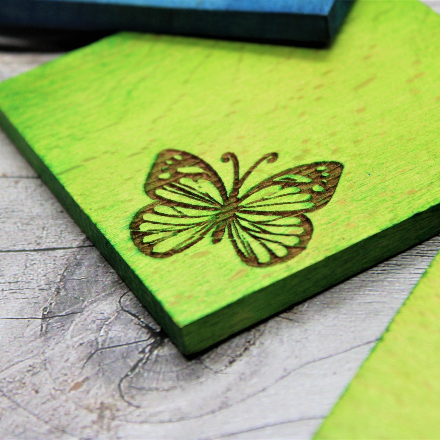 Handcrafted Wooden Laser Engraved Butterfly Design Coaster Set Multicoloured