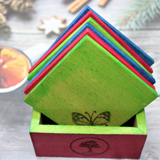 Handcrafted Wooden Laser Engraved Butterfly Design Coaster Set Multicoloured