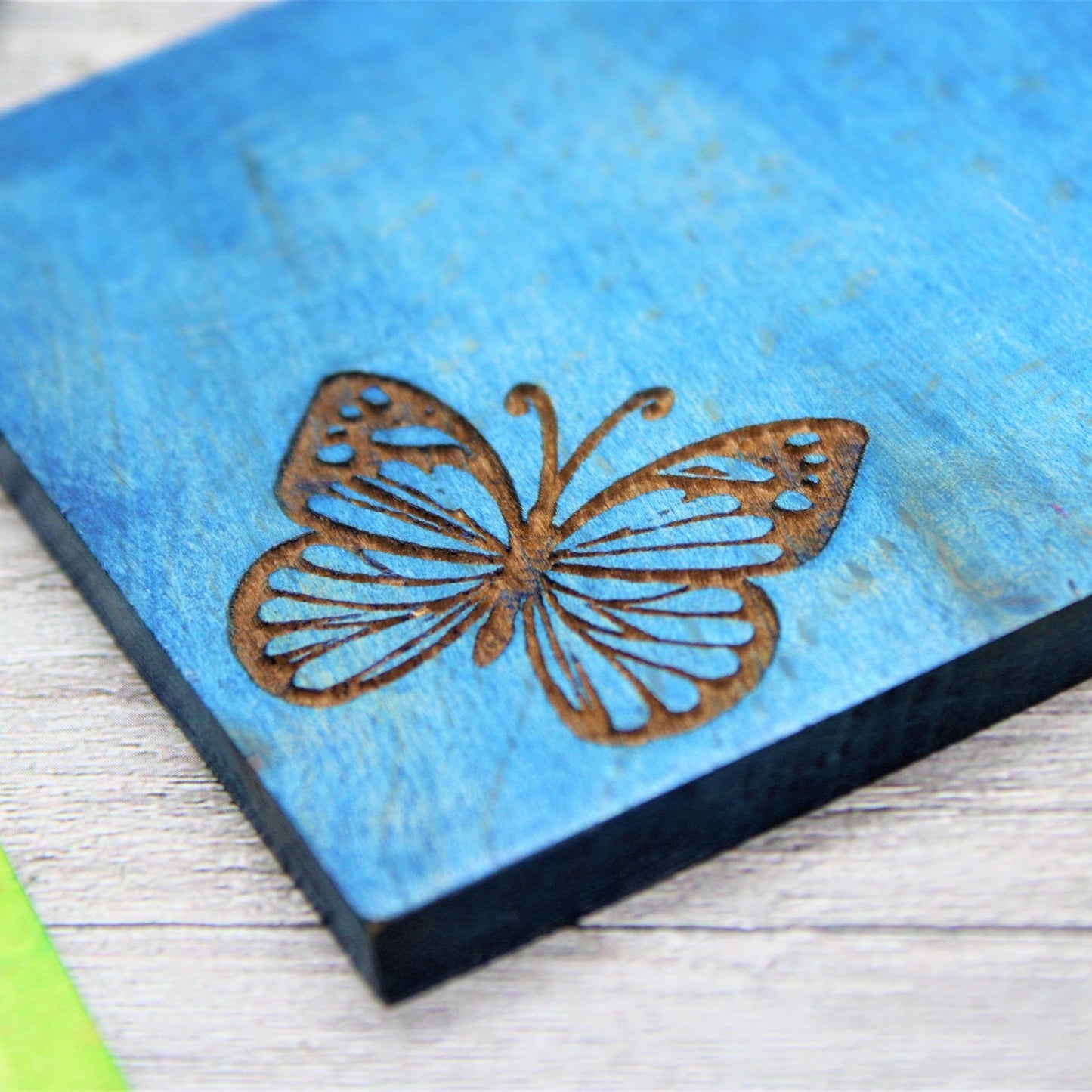 Handcrafted Wooden Laser Engraved Butterfly Design Coaster Set Multicoloured