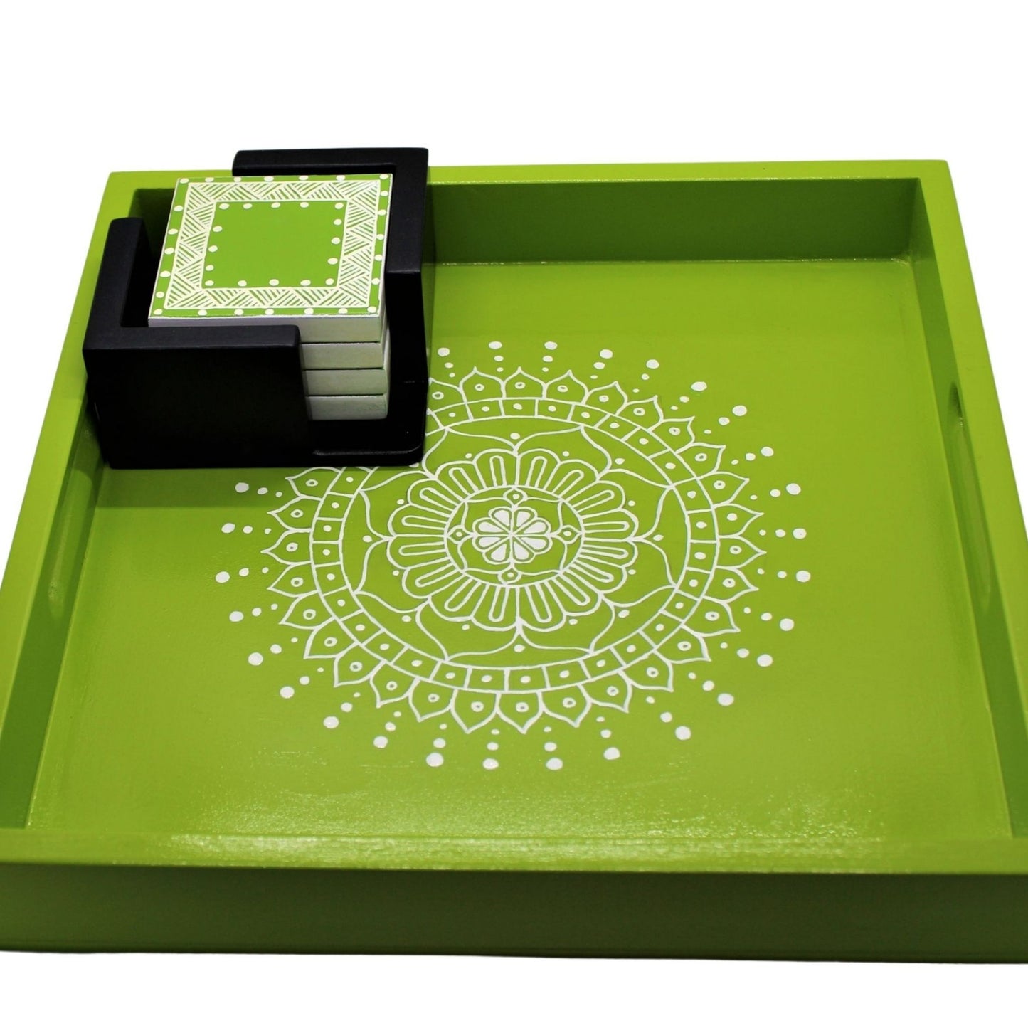 Traditional Aipan Inspired Hand Painted Wooden Serving Tray with Coaster Set