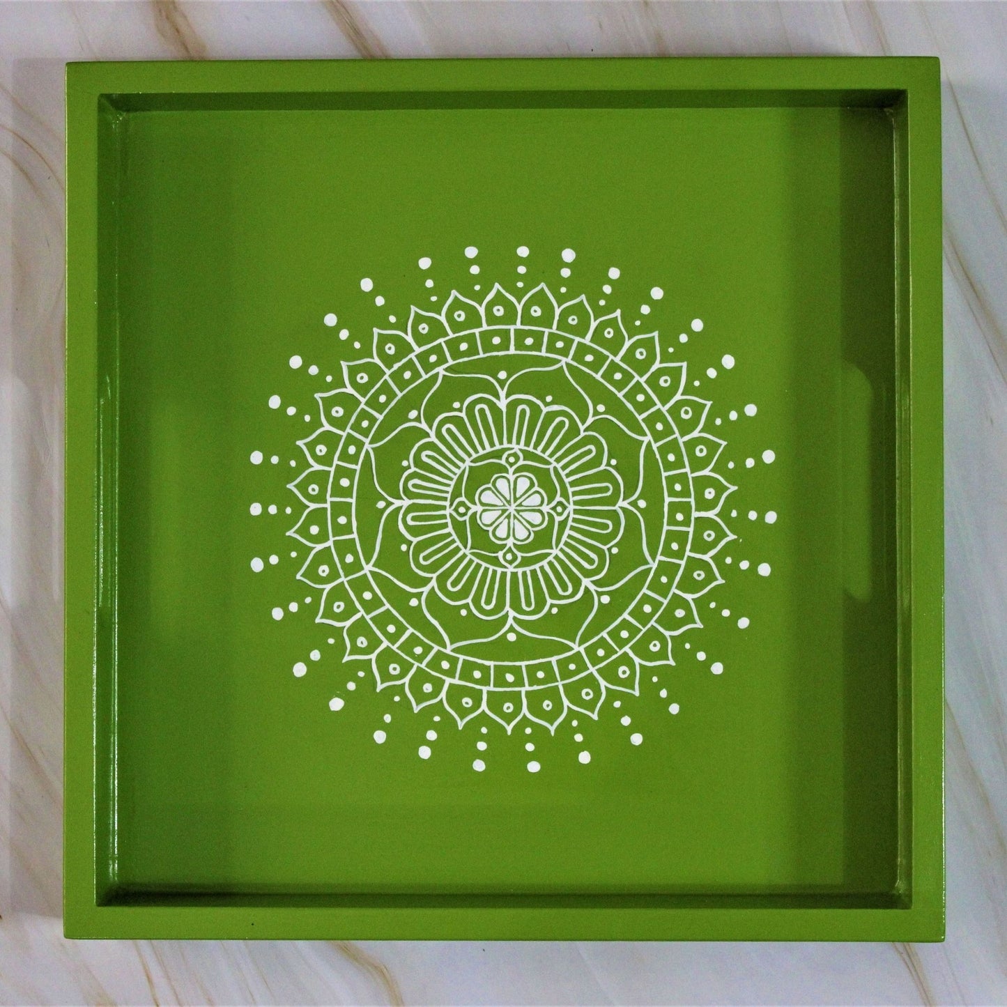 Traditional Aipan Inspired Hand Painted Wooden Serving Tray with Coaster Set