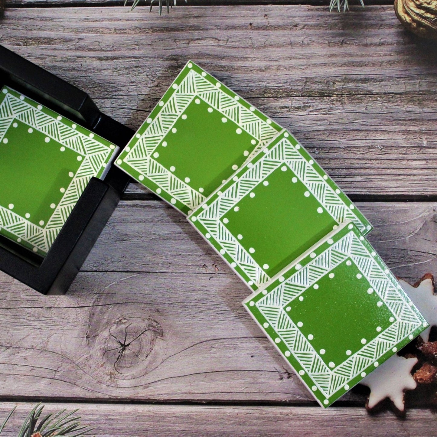 Traditional Aipan Inspired Hand Painted Wooden Serving Tray with Coaster Set