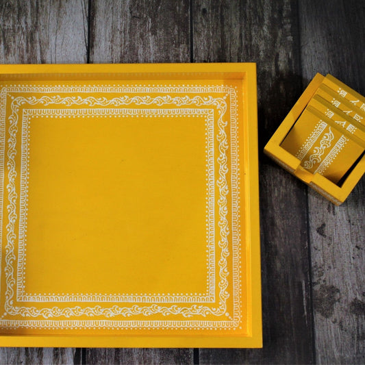 Traditional Aipan Inspired Hand Painted Wooden Serving Tray with Coaster Set
