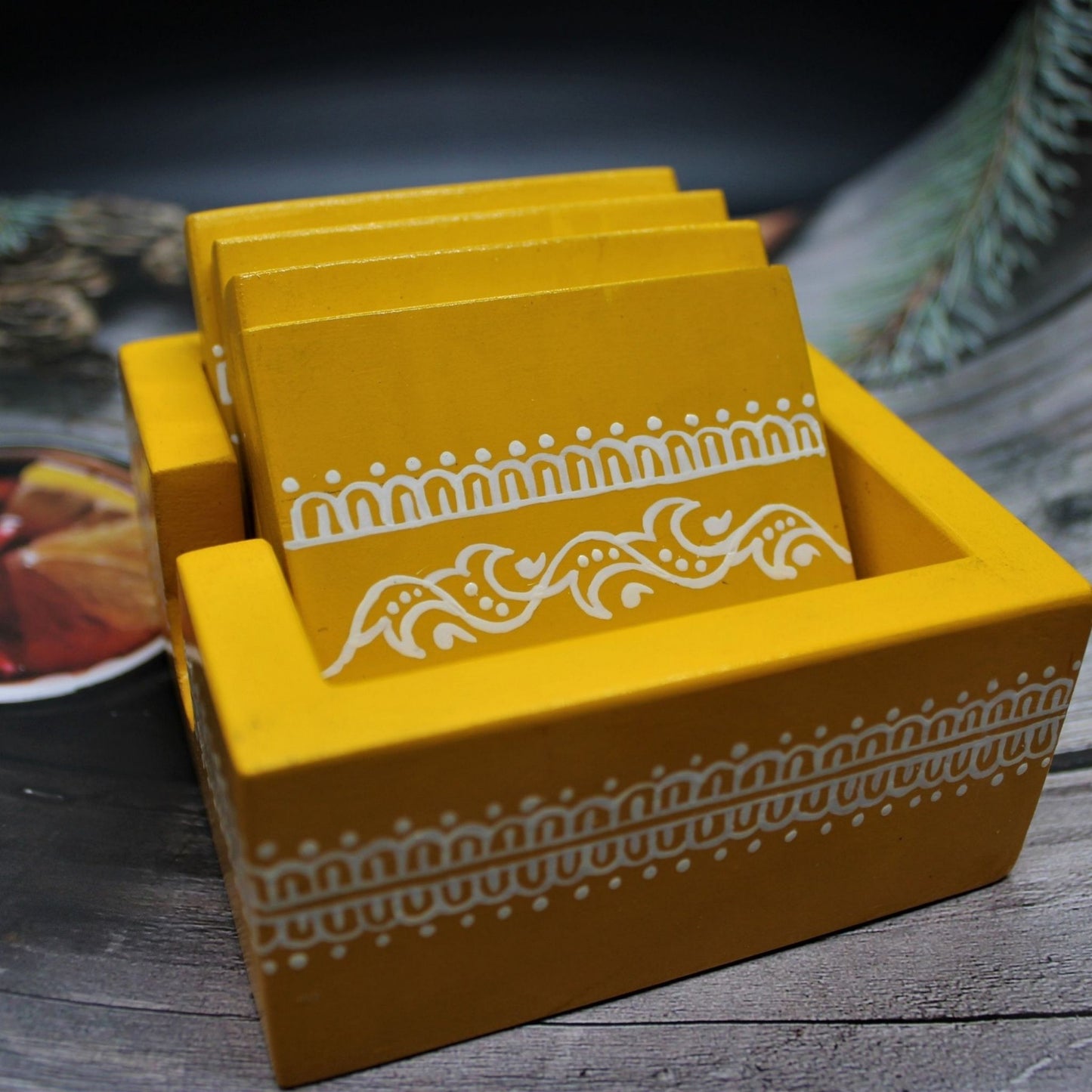 Traditional Aipan Inspired Hand Painted Wooden Serving Tray with Coaster Set
