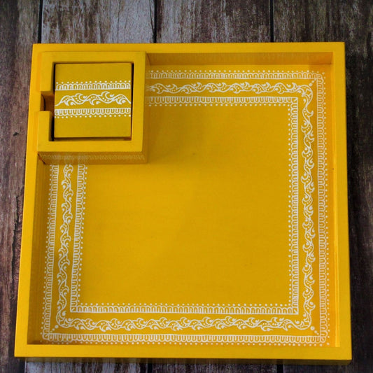Traditional Aipan Inspired Hand Painted Wooden Serving Tray with Coaster Set