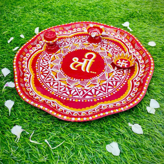 Large Size Hand Painted Puja Thalis for all occasions. Whether its Diwali, Bhaiya Dooj, Karwa Chauth, these hand painted aipan inspired puja thalis would be the perfect addition to your decor. Has different partitions each for diya/ lamp, tika / roli, chawal / rice and agarbatti too.