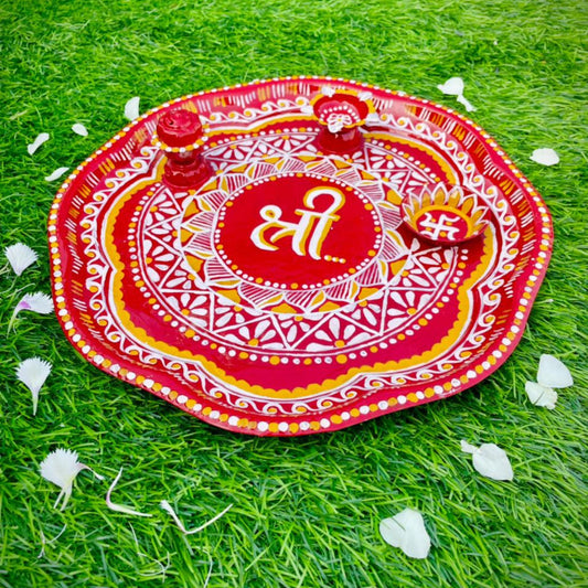 Large Size Hand Painted Puja Thalis for all occasions. Whether its Diwali, Bhaiya Dooj, Karwa Chauth, these hand painted aipan inspired puja thalis would be the perfect addition to your decor. Has different partitions each for diya/ lamp, tika / roli, chawal / rice and agarbatti too.