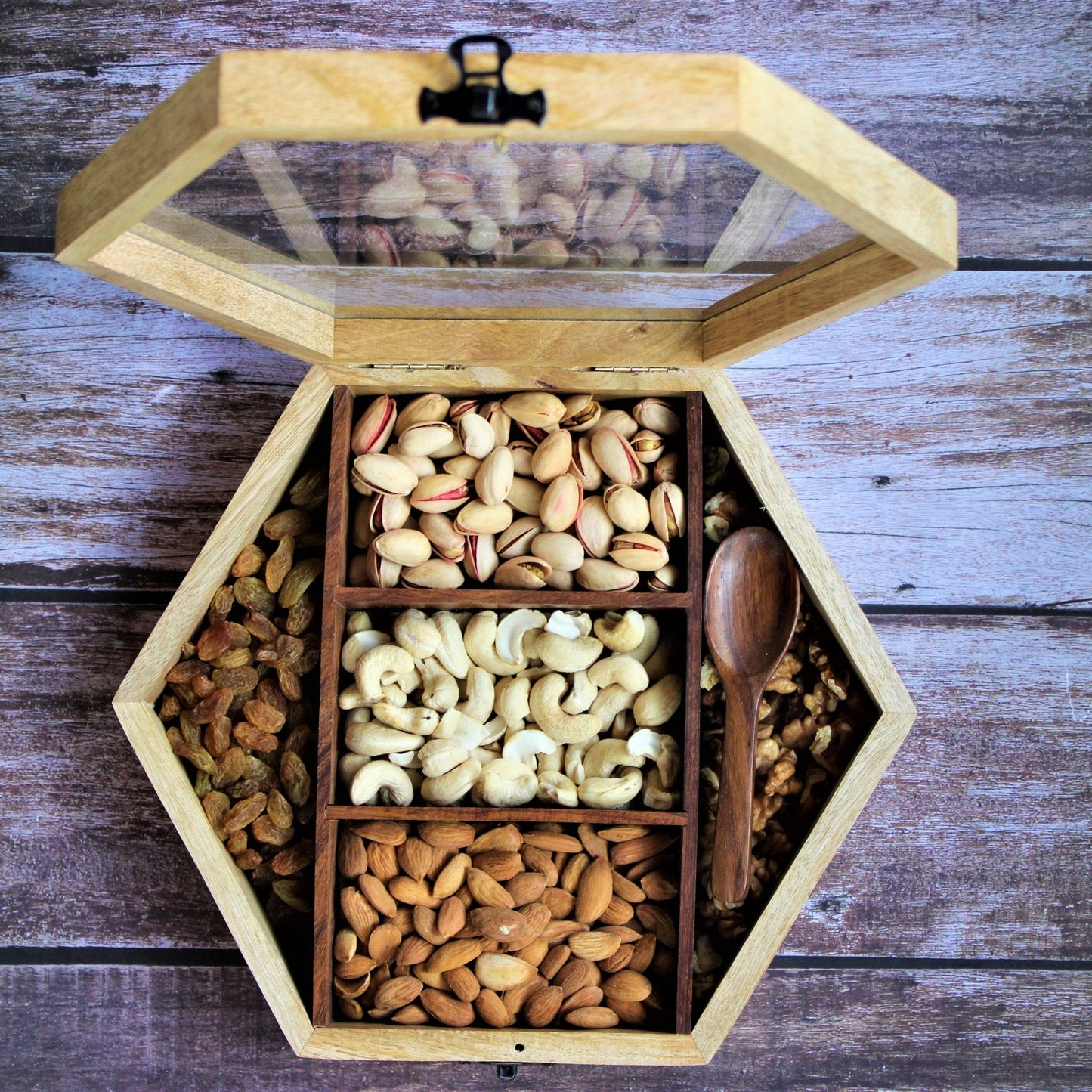 Handcrafted Sheesham & Mango Wood Dry Fruit / Dry Spice / Whole Spices Storage Box with Glass Top