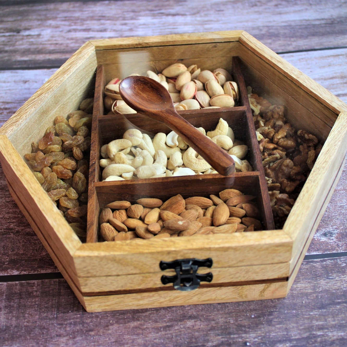 Handcrafted Sheesham & Mango Wood Dry Fruit / Dry Spice / Whole Spices Storage Box with Glass Top