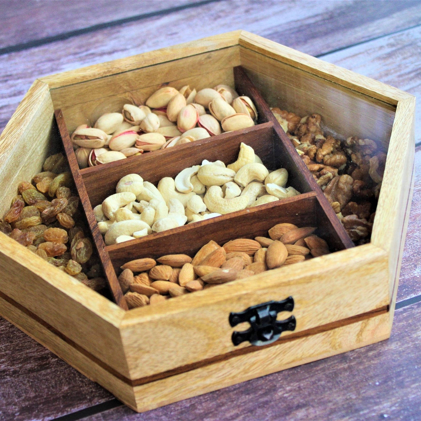 Handcrafted Sheesham & Mango Wood Dry Fruit / Dry Spice / Whole Spices Storage Box with Glass Top