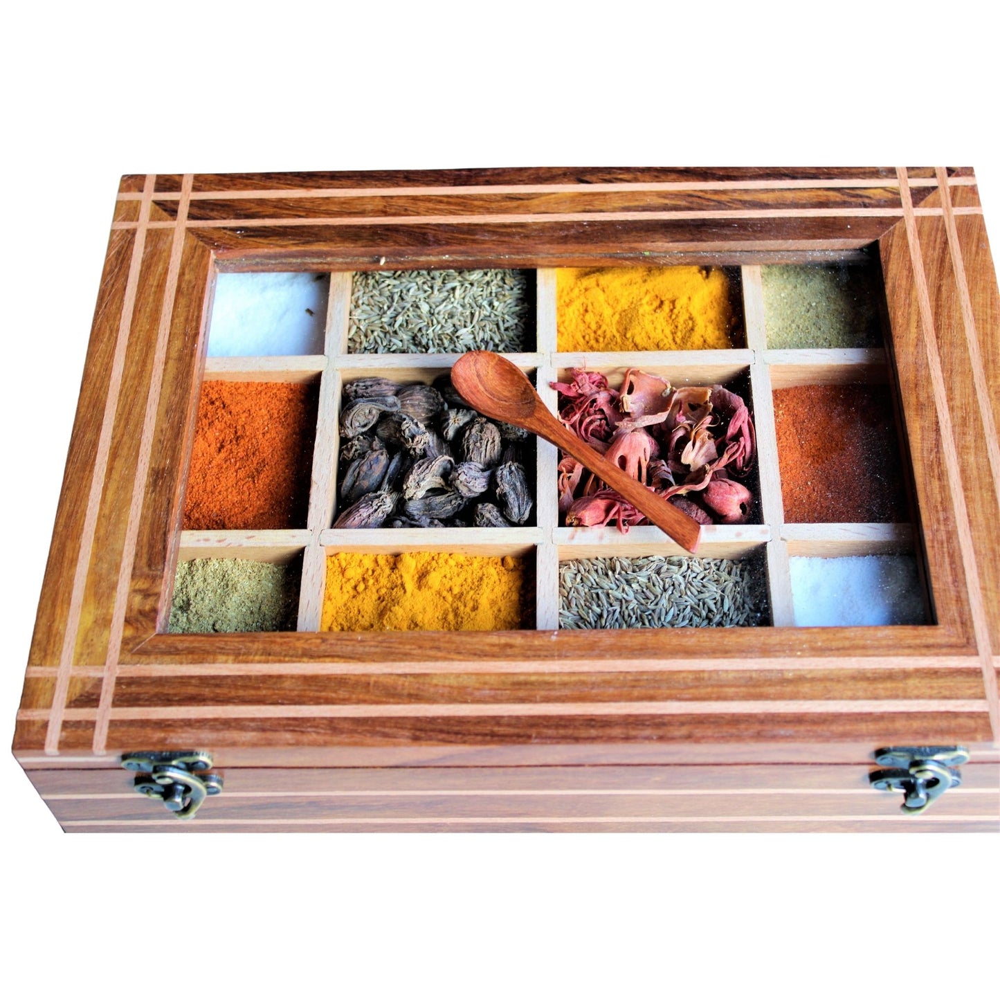 Handcrafted Sheesham/Indian Rosewood & Steamwich Spice Box/Masala Dani with Glass Top & Wooden Spoon 12 Partitions
