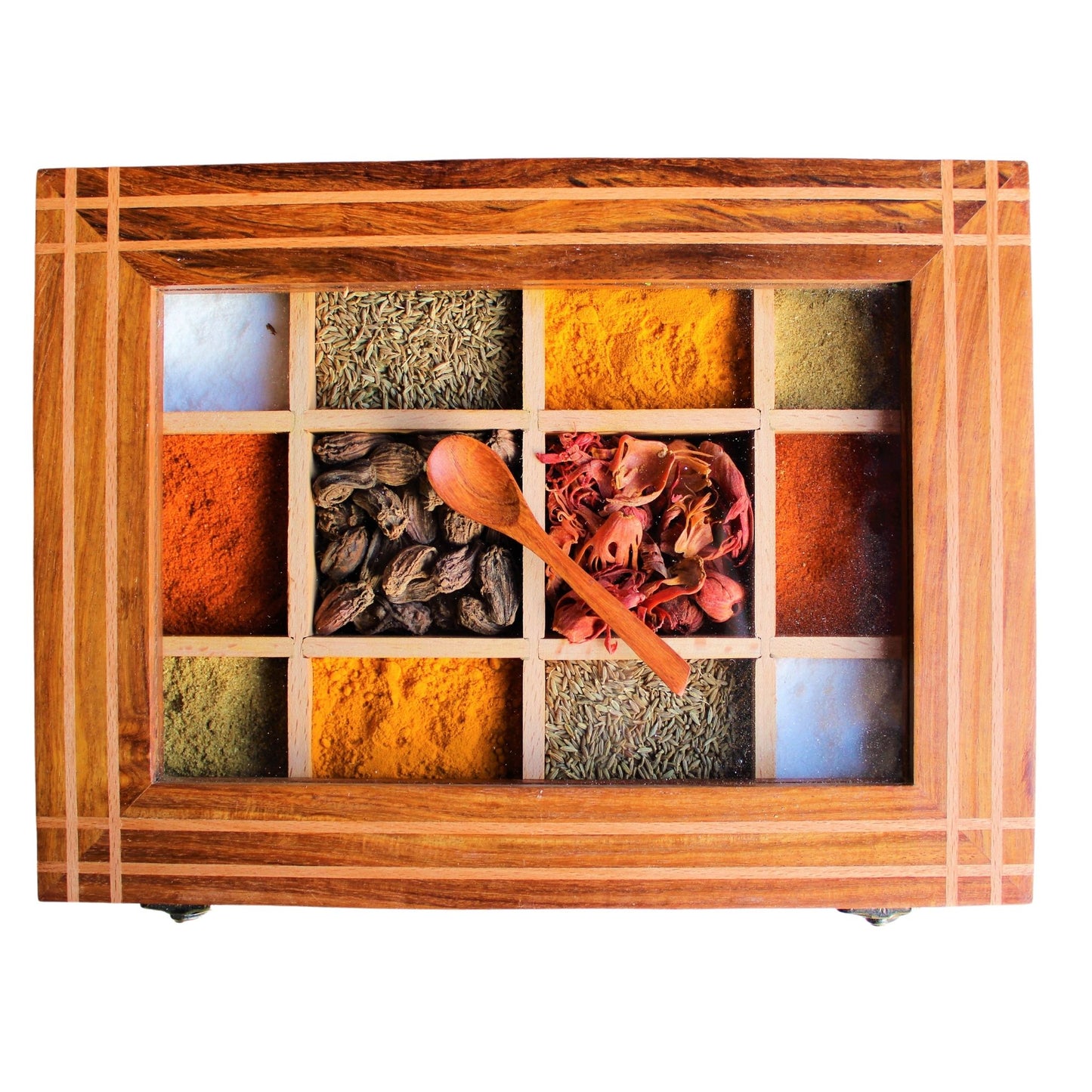 Handcrafted Sheesham/Indian Rosewood & Steamwich Spice Box/Masala Dani with Glass Top & Wooden Spoon 12 Partitions