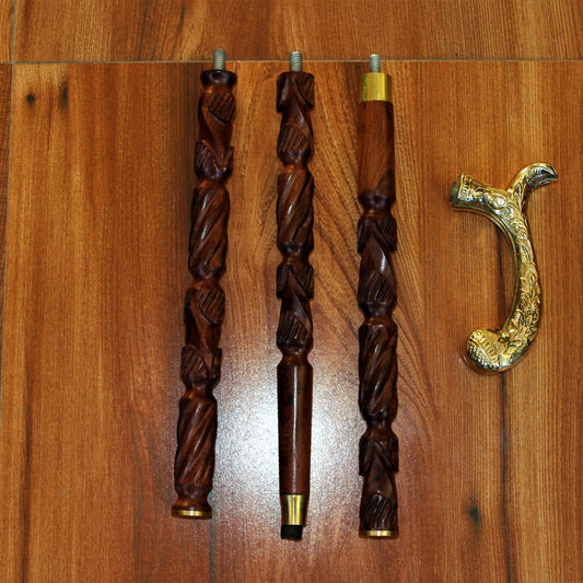 Sheesham Wood Handcrafted Walking Stick Cane Foldable with Beautiful Brass Handle
