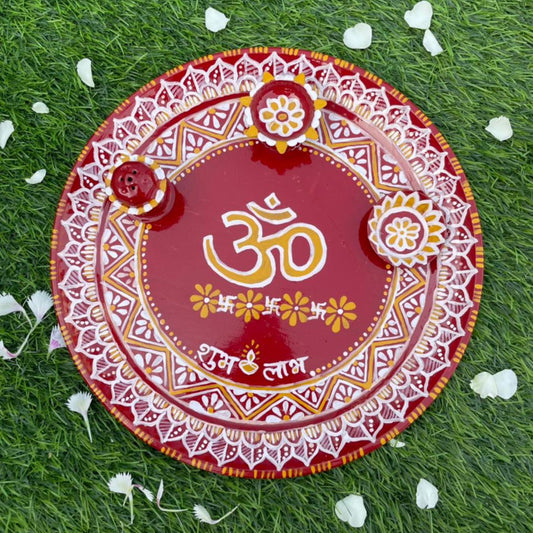 Large Size Hand Painted Puja Thalis for all occasions. Whether its Diwali, Bhaiya Dooj, Karwa Chauth, these hand painted aipan inspired puja thalis would be the perfect addition to your decor. Has different partitions each for diya/ lamp, tika / roli, chawal / rice and agarbatti too.