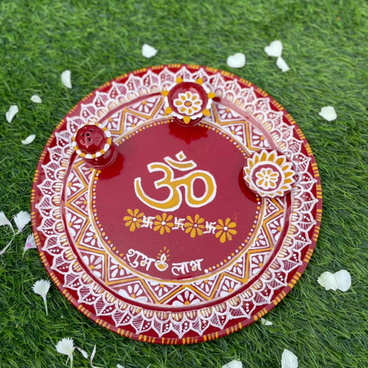 Large Size Hand Painted Puja Thalis for all occasions. Whether its Diwali, Bhaiya Dooj, Karwa Chauth, these hand painted aipan inspired puja thalis would be the perfect addition to your decor. Has different partitions each for diya/ lamp, tika / roli, chawal / rice and agarbatti too.