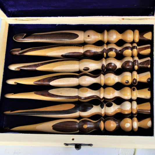 Handcrafted Mixed Wood 'I Make String Pretty' Crochet Hooks with Pinewood Box (Set of 7 Hooks, 4mm - 10mm)