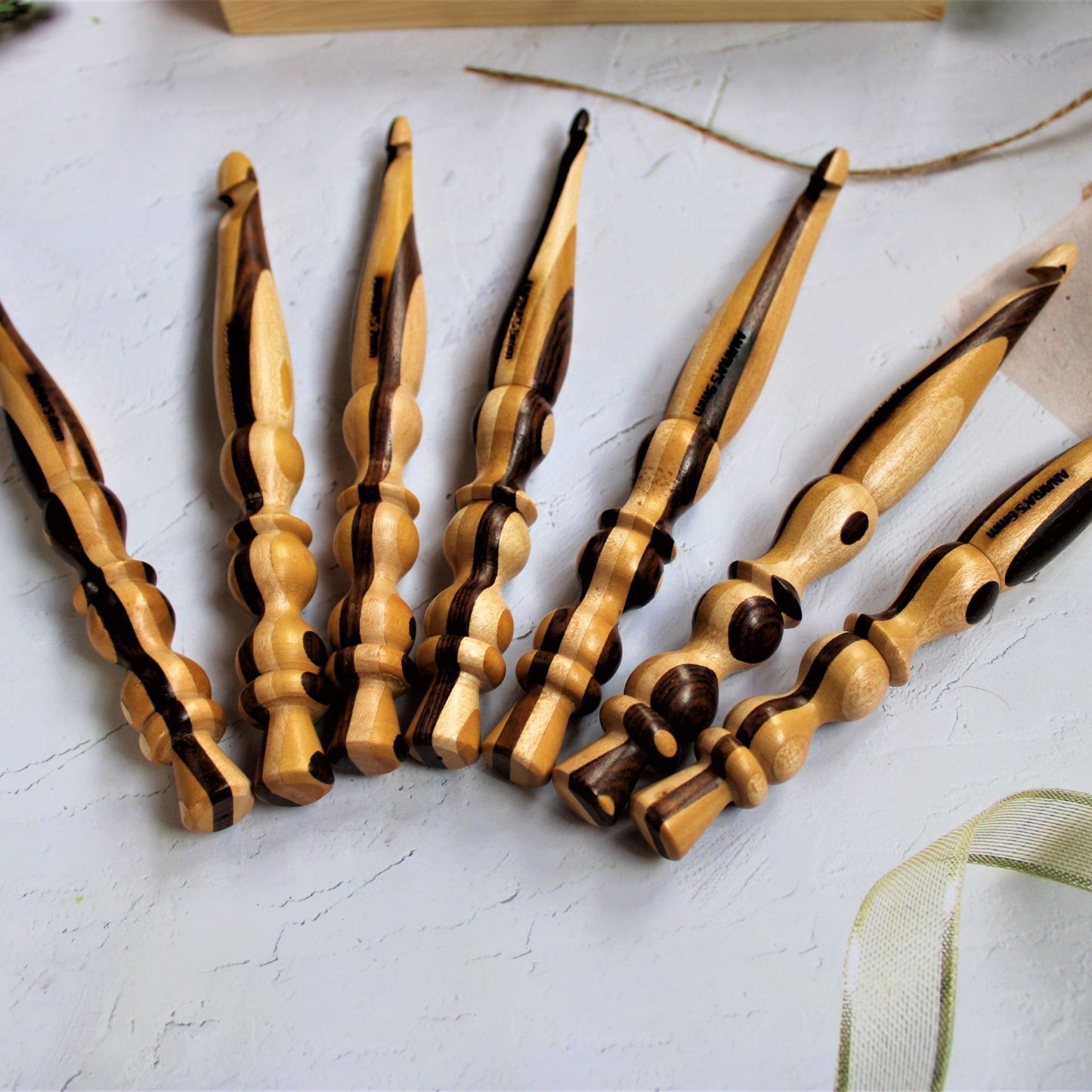 Handcrafted Mixed Wood 'I Make String Pretty' Crochet Hooks with Pinewood Box (Set of 7 Hooks, 4mm - 10mm)