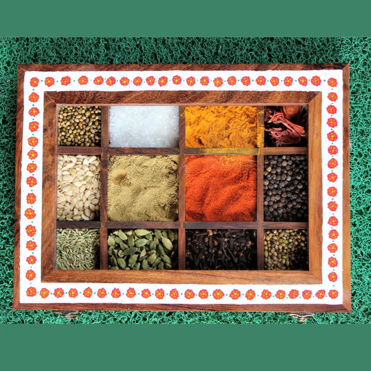 Aipan Inspired Hand Painted Rosewood Sheesham Wood Spice and Tea and condiment storage box. Twelve Large Partitions. Store up to 12 different spices cleanly in a single rosewood spice box with glass top.