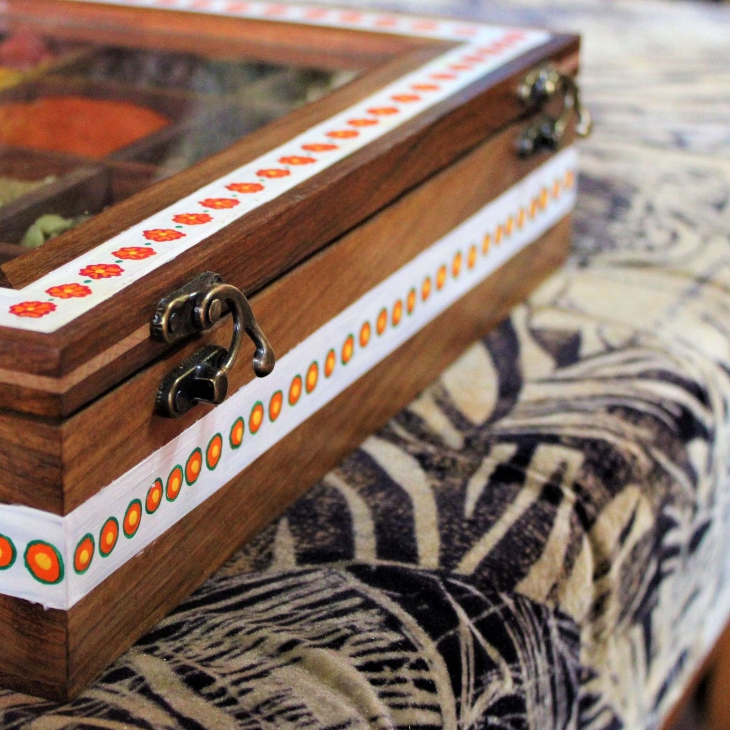 Aipan Inspired Hand Painted Rosewood Sheesham Wood Spice and Tea and condiment storage box.