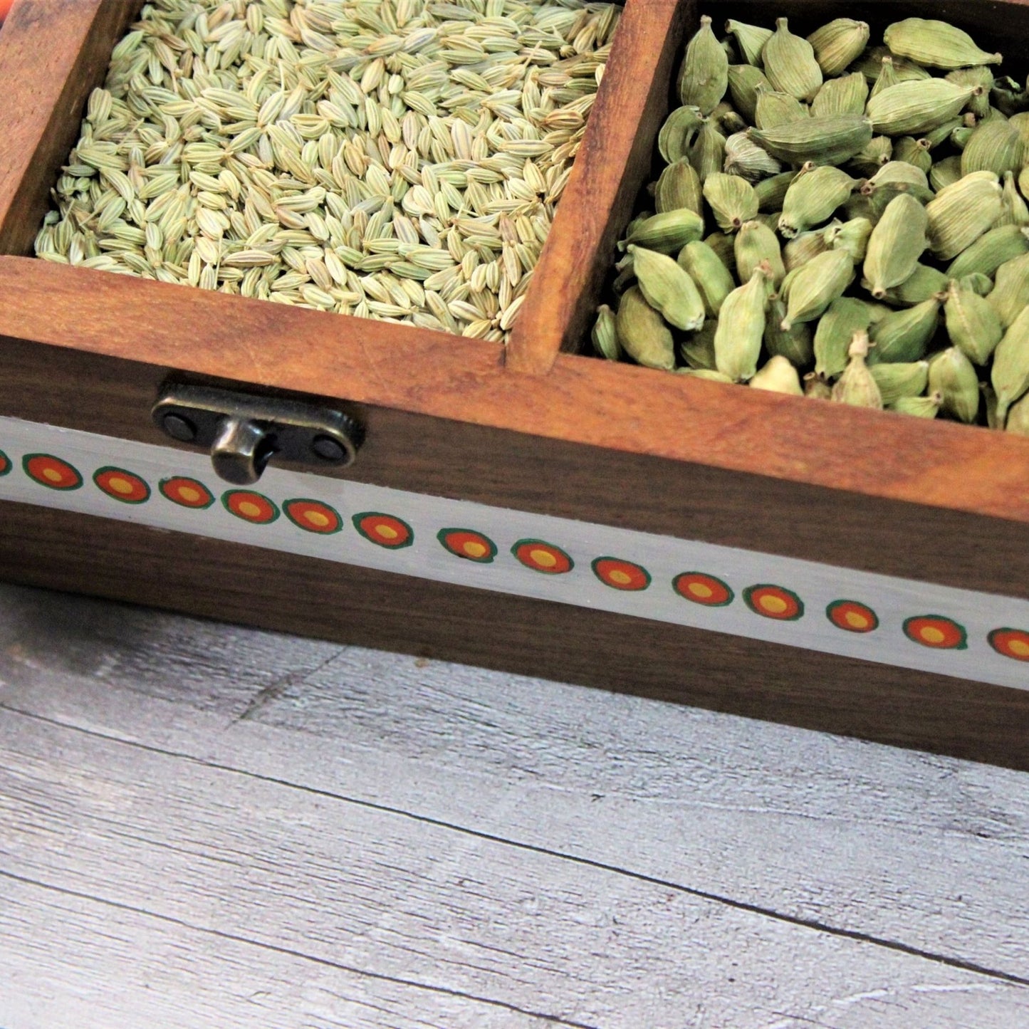 Aipan Inspired Hand Painted Rosewood Sheesham Wood Spice and Tea and condiment storage box. Twelve Large Partitions. Store up to 12 different spices cleanly in a single rosewood spice box with glass top.