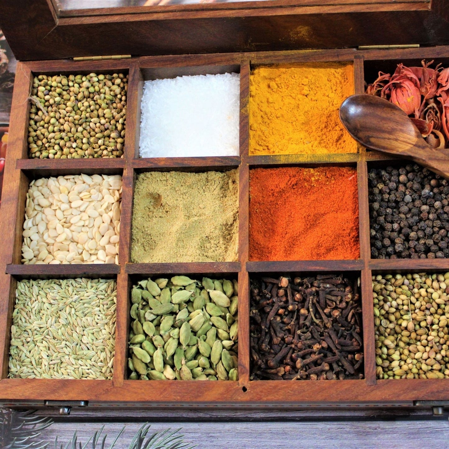 Aipan Inspired Hand Painted Rosewood Sheesham Wood Spice and Tea and condiment storage box.