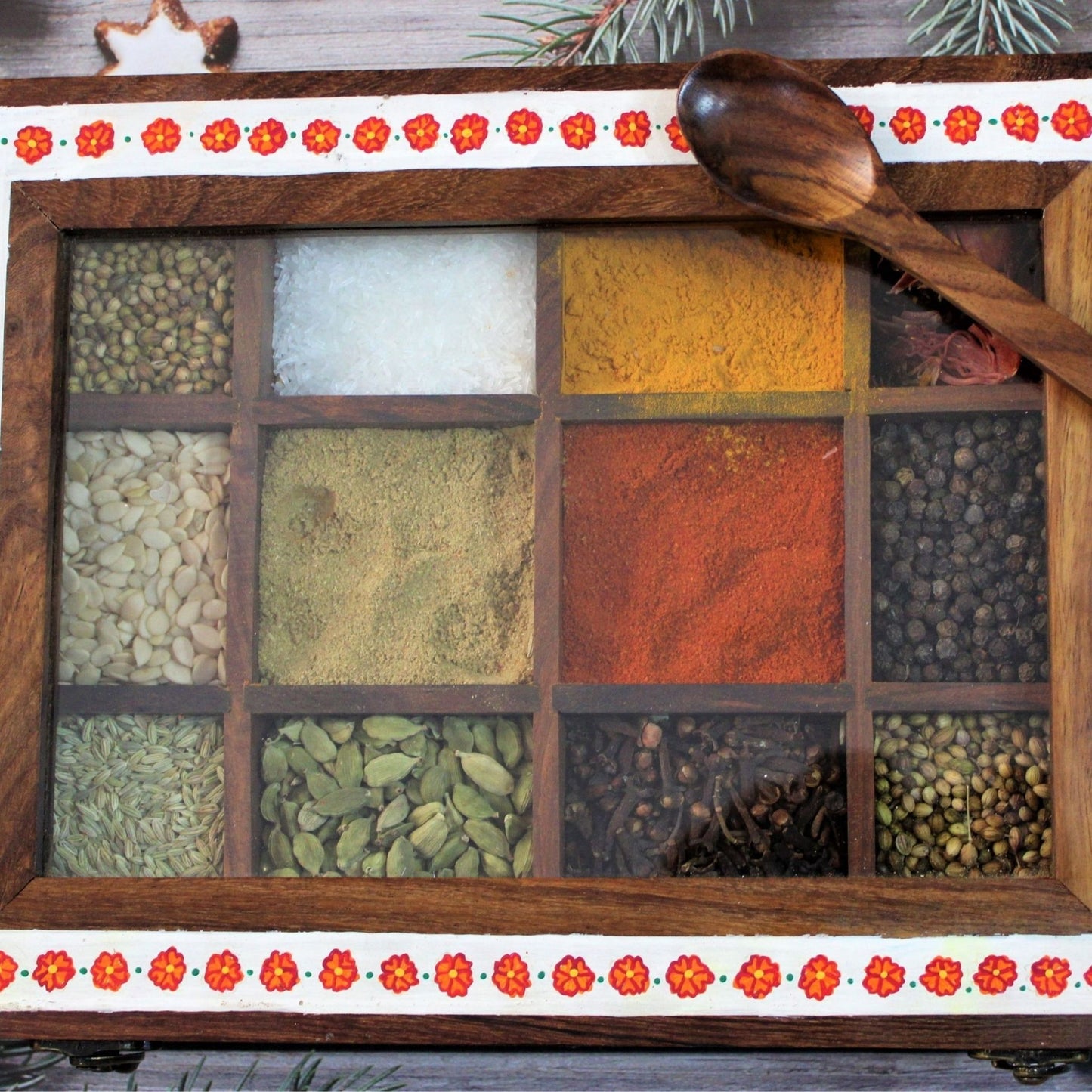 Aipan Inspired Hand Painted Rosewood Sheesham Wood Spice and Tea and condiment storage box. Twelve Large Partitions. Store up to 12 different spices cleanly in a single rosewood spice box with glass top.