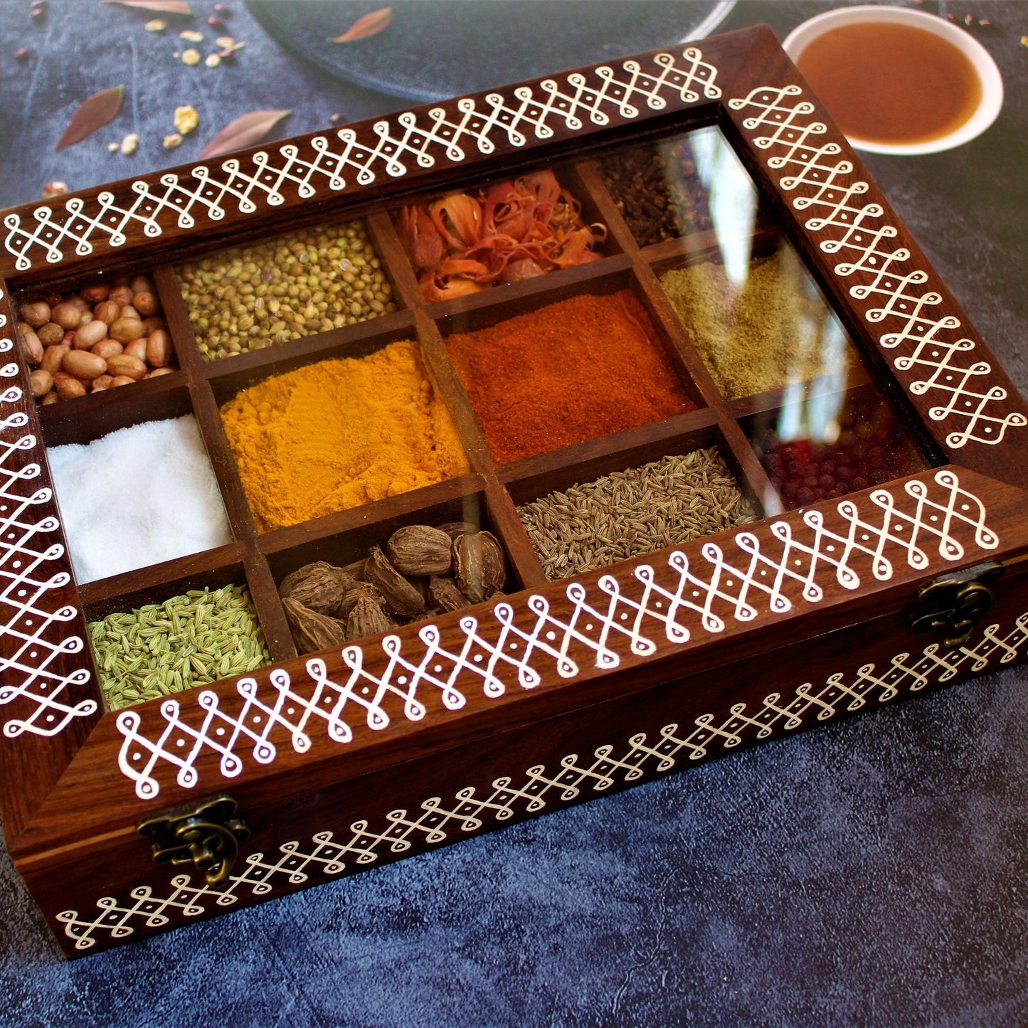 Kolam Inspired Hand Painted Sheesham Wood Spice Box