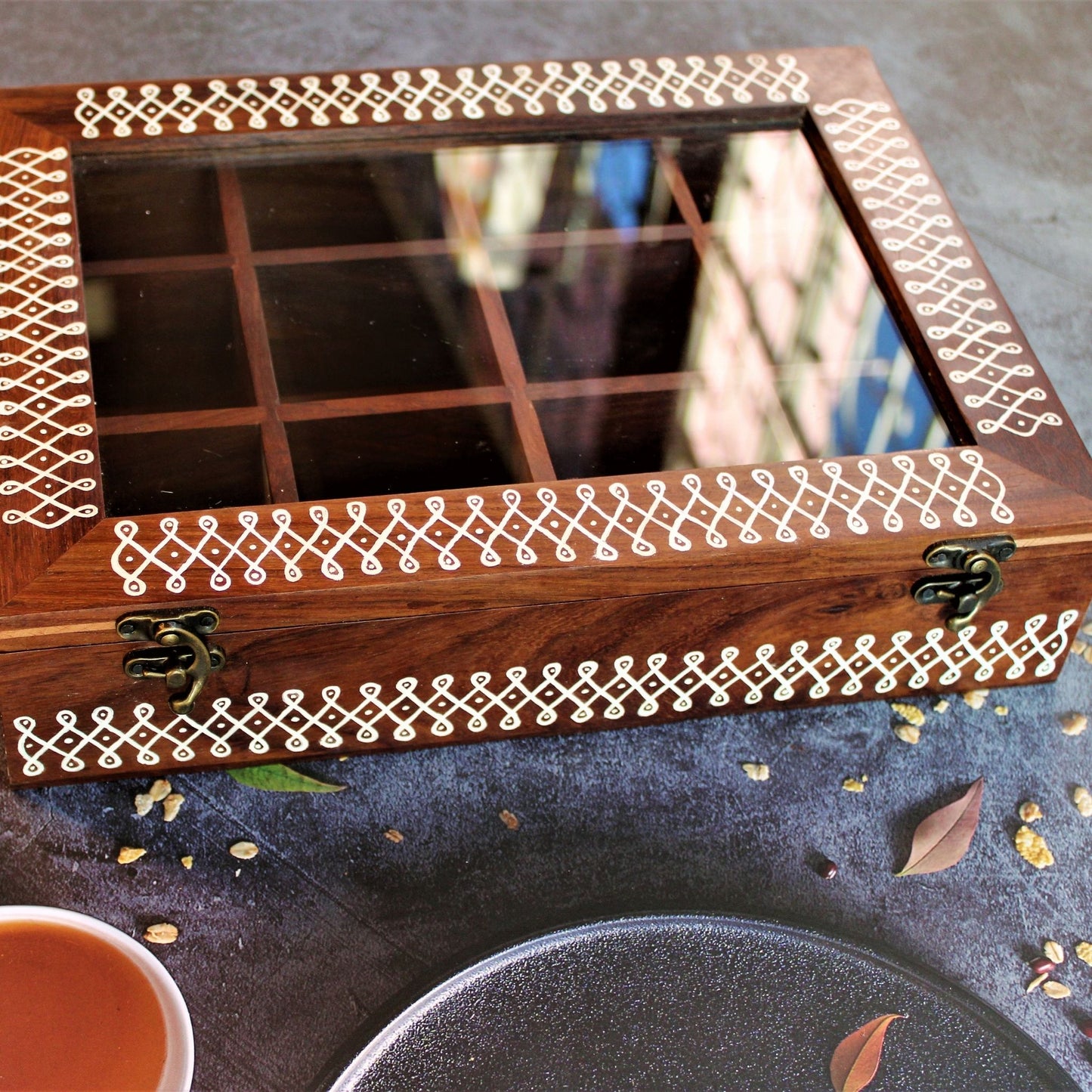 Kolam Inspired Hand Painted Sheesham Wood Spice Box