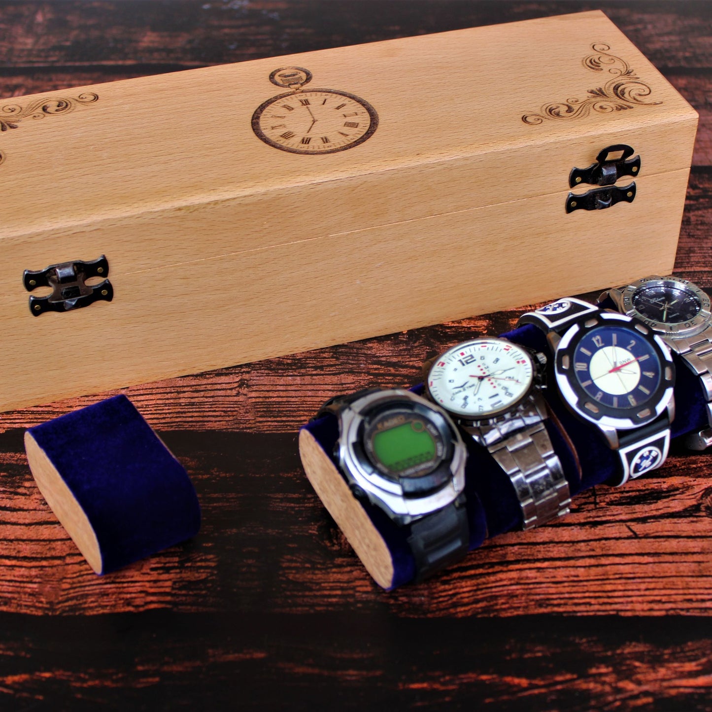 Laser Engraved Beech Wood Watch Box with slots for five watches.