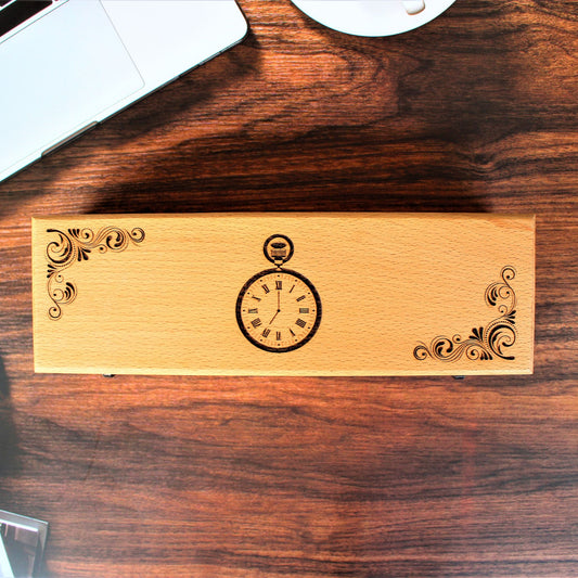 Laser Engraved Beech Wood Watch Box with slots for five watches.