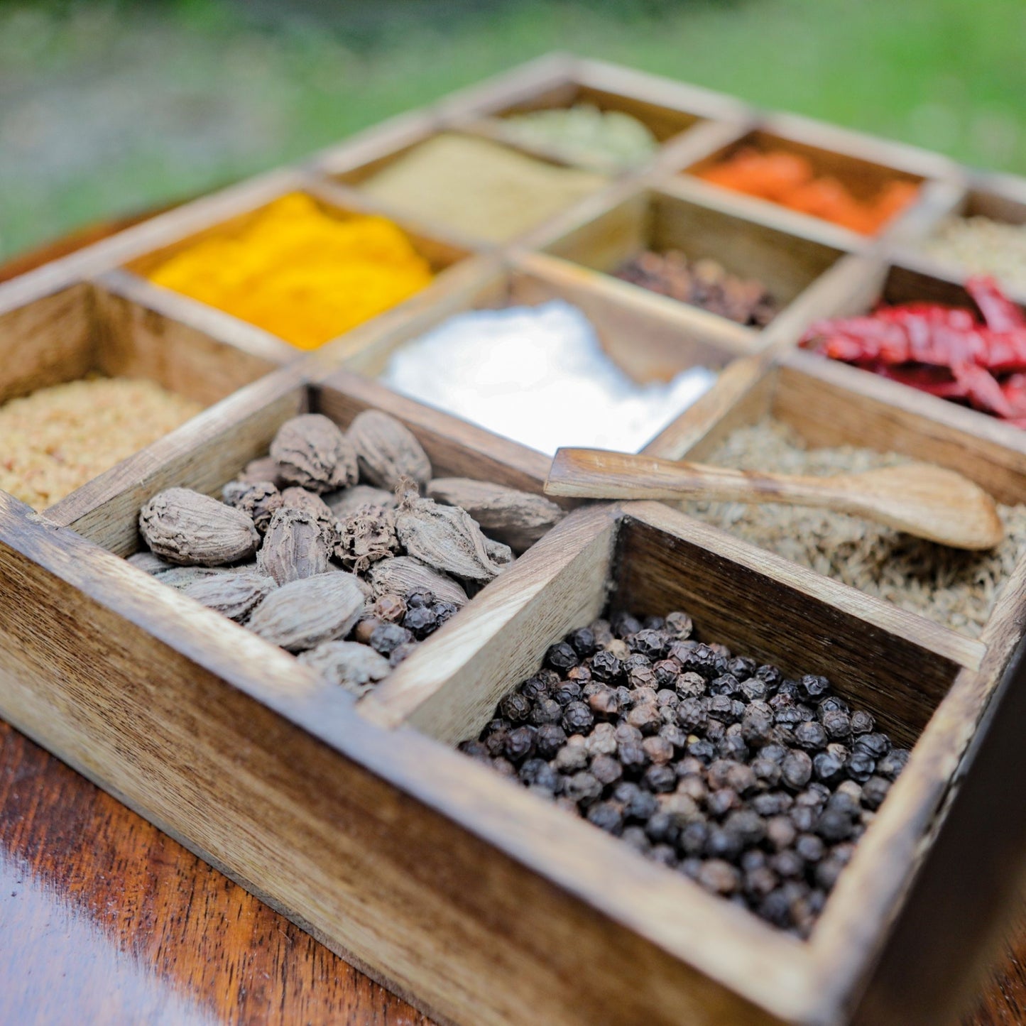 Wooden Spice Box / Masala Dabba with Glass Top