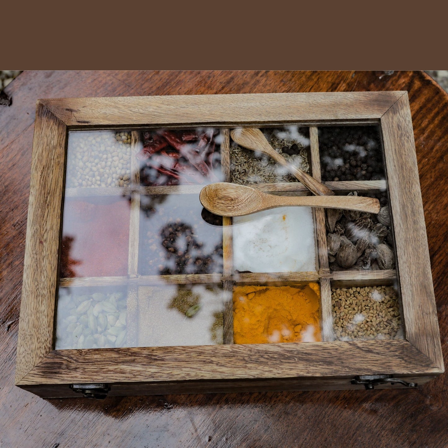 Wooden Spice Box / Masala Dabba with Glass Top