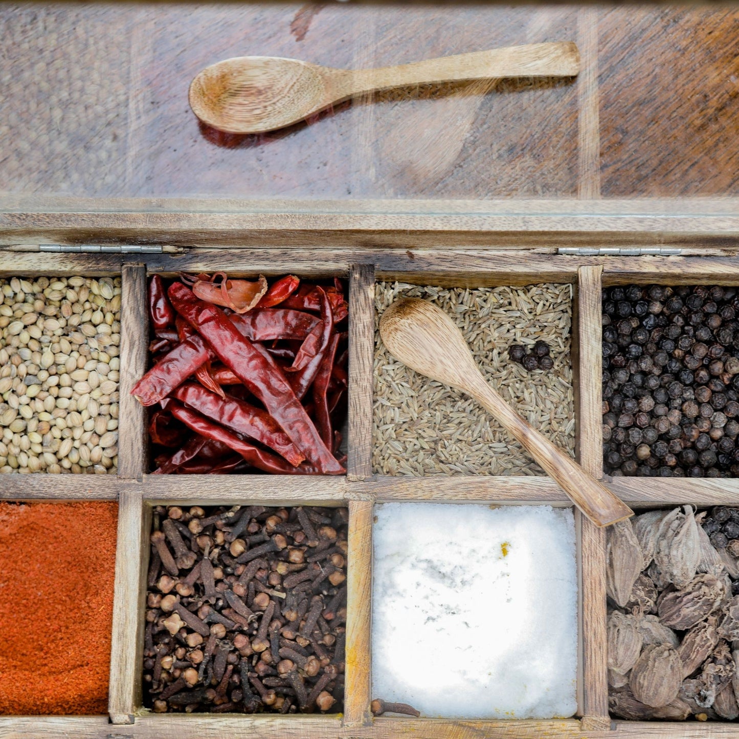Wooden Spice Box / Masala Dabba with Glass Top