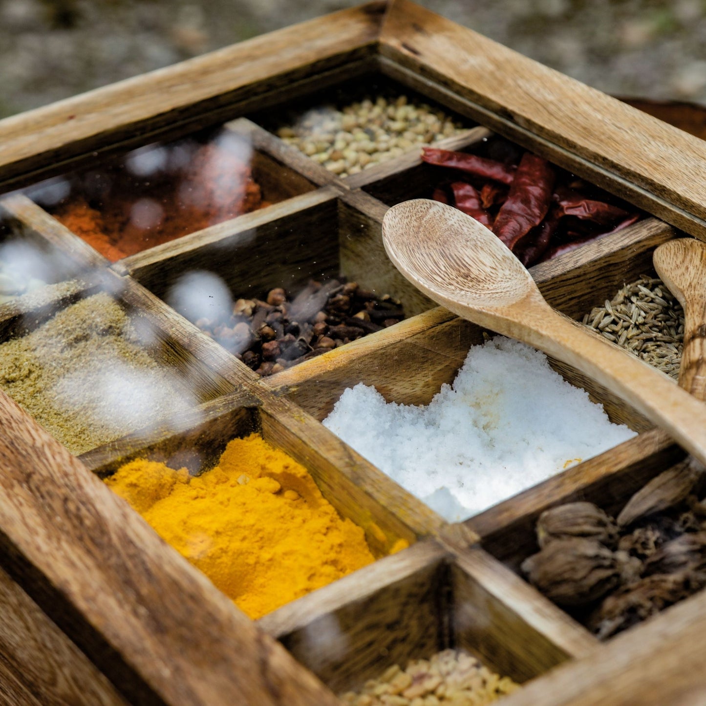 Wooden Spice Box / Masala Dabba with Glass Top