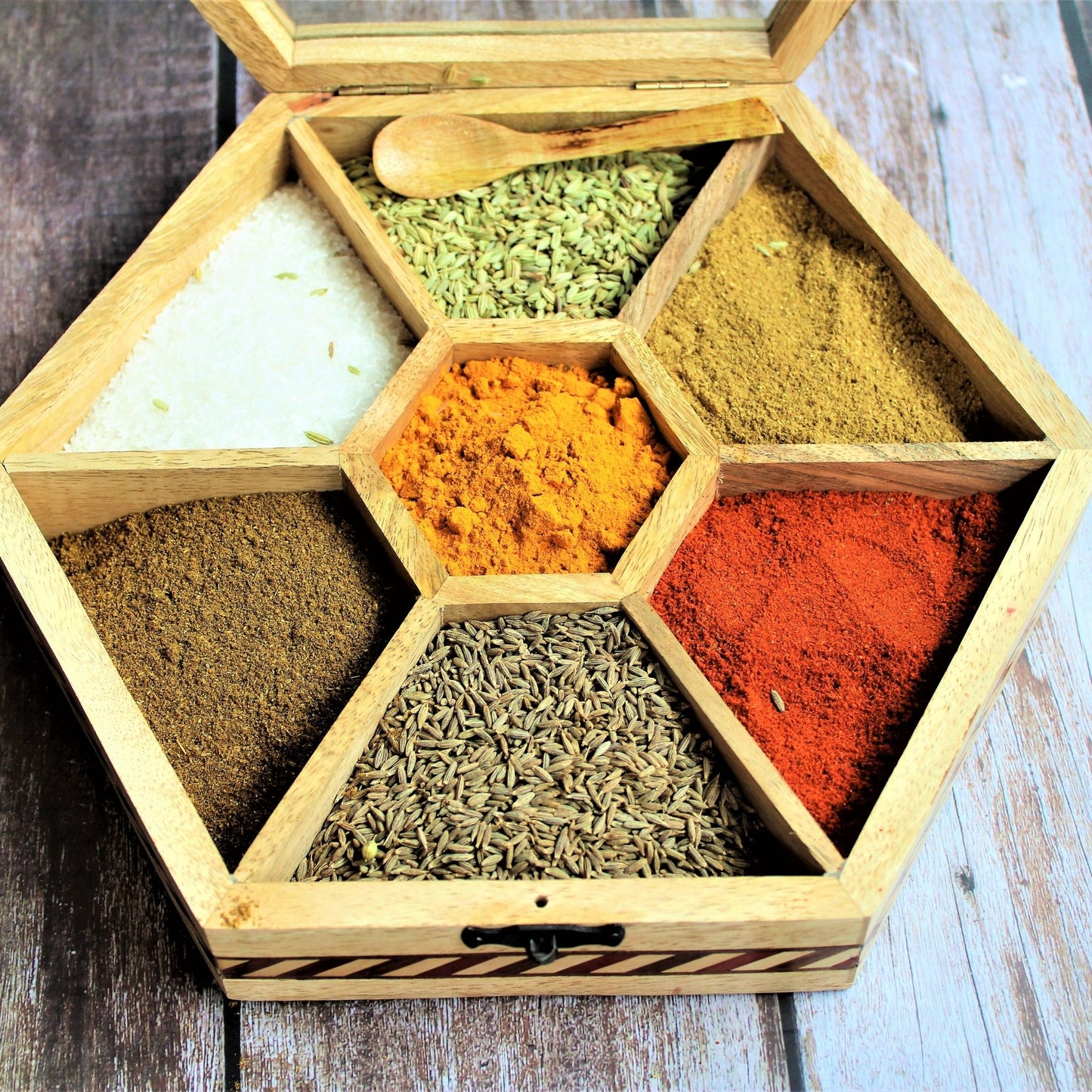 Handcrafted Wooden Spice Box / Masala Dani Hexagon Shaped with Glass Top & Wooden Spoon