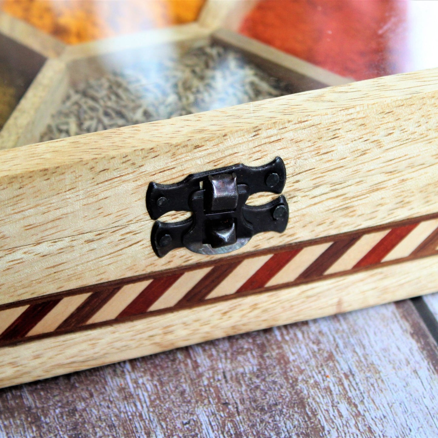 Handcrafted Wooden Spice Box / Masala Dani Hexagon Shaped with Glass Top & Wooden Spoon