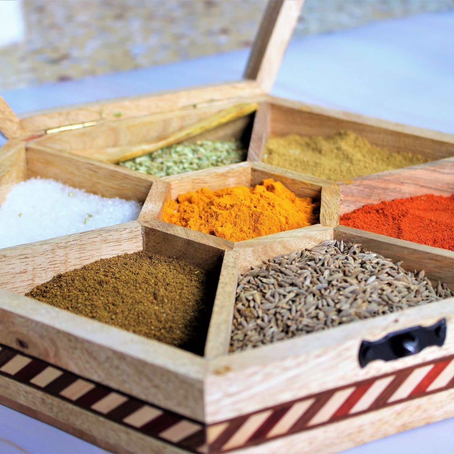 Handcrafted Wooden Spice Box / Masala Dani Hexagon Shaped with Glass Top & Wooden Spoon